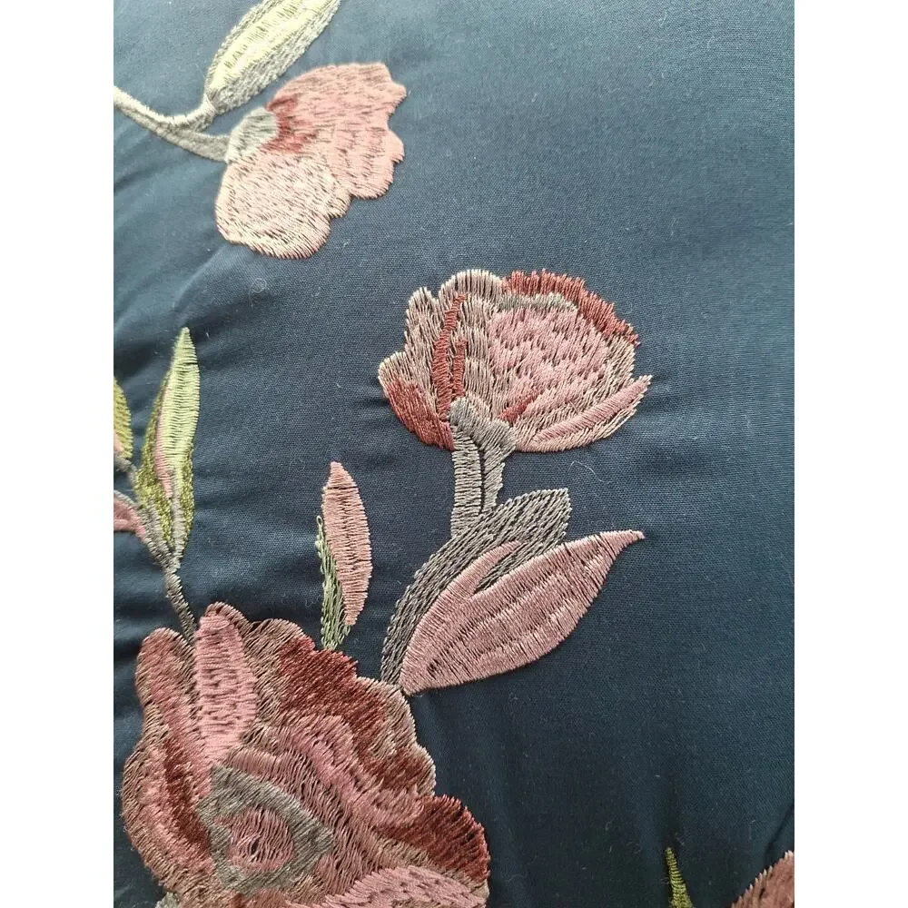 Decorative Blue Accent Throw Pillow With Tassels and Floral Embroidery